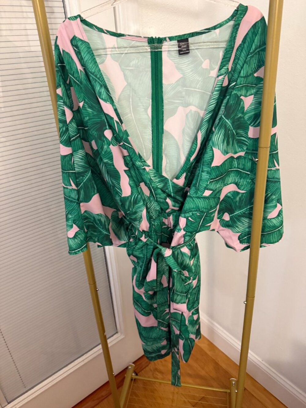 SHEIN Curve 4XL Tropical Banana Leaf Pink Green Belted Romper